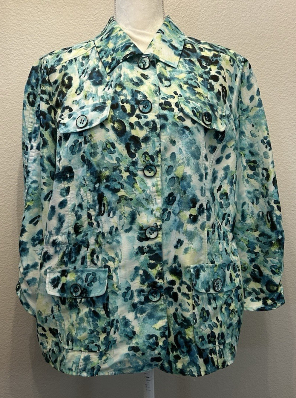 Chico's Utility Shirt Jacket Teal Animal Print Size 2 (Large) EUC